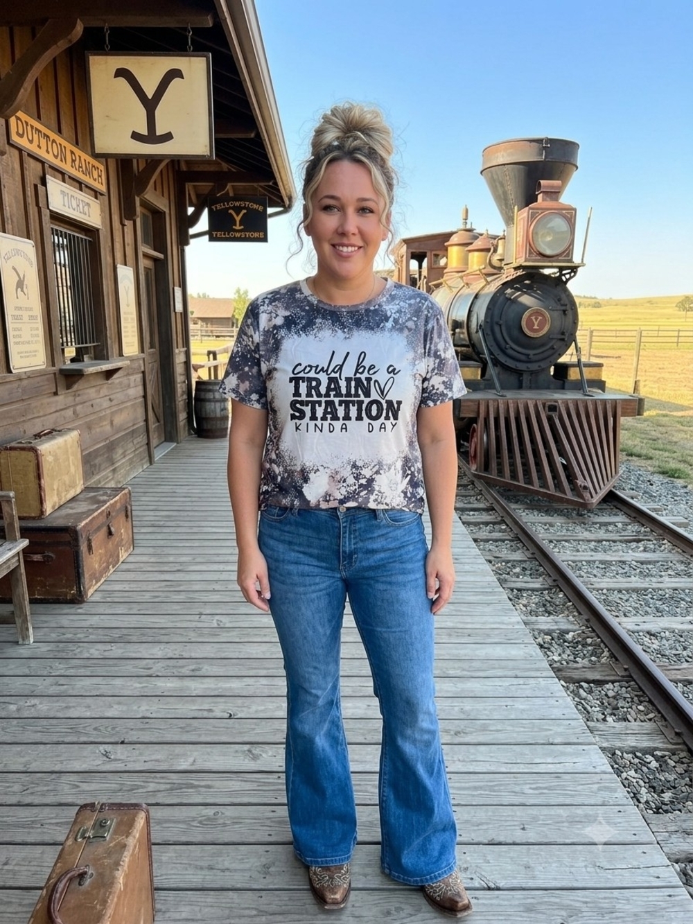 Graphic Tee "Could Be a Train Station" - Black and White Tie-Dye